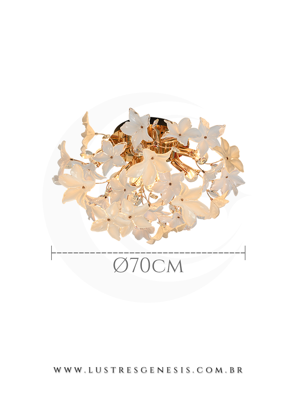 Plafon Moderno Dourado com Vidro Branco 70cm para Sala de Jantar, Quarto, Hall e Corredor